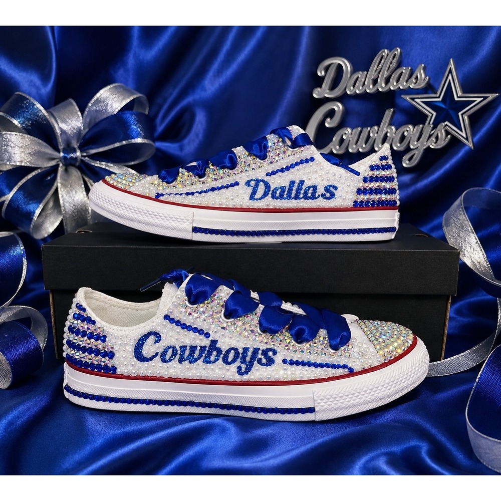 Custom Dallas Cowboys Rhinestone Converse All Star Youth Shoes Size 3 White Blue